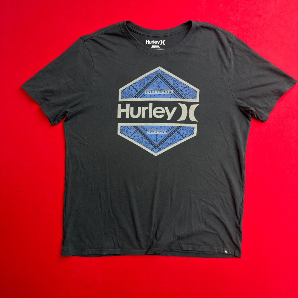Hurley Mens Graphic T-Shirt Black Blue Logo Short Sleeve Crew Neck Size XL‎